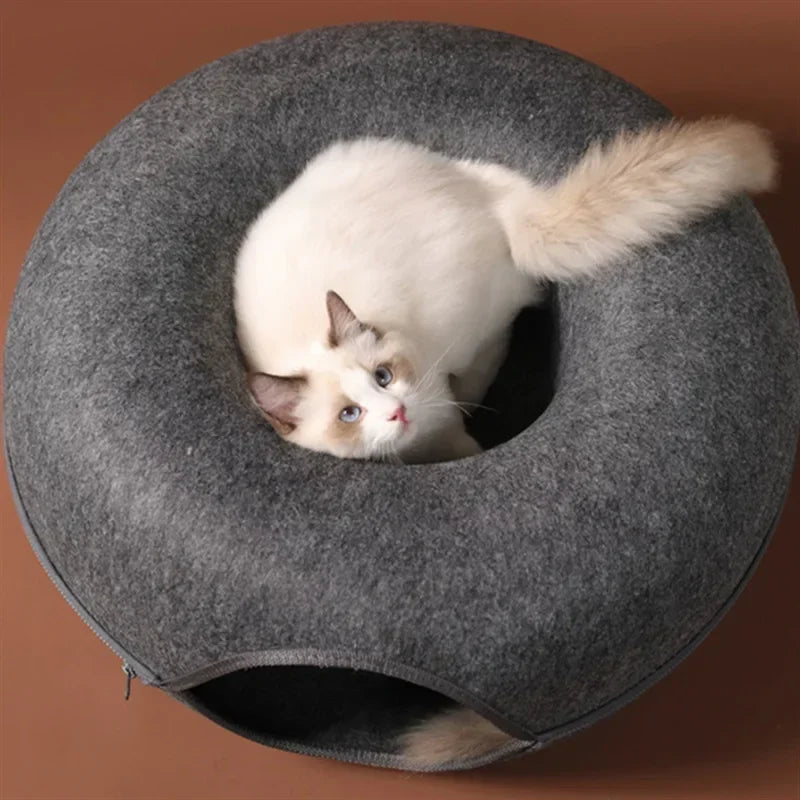 2-in-1 Felt Donut Cat Bed & Interactive Tunnel House with Breathable Hideout for Cats and Small Pets