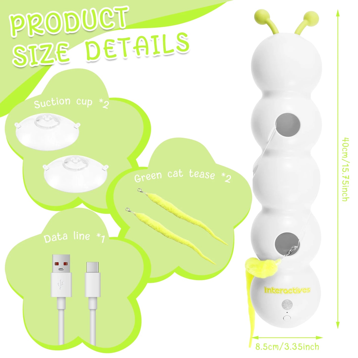 Smart Caterpillars Toy Rechargeable Motion Activated Interactive Cat Toy with Suction Cup Wall and Window Mounted for Pet