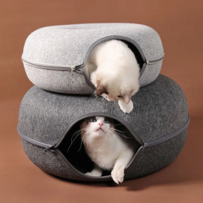 2-in-1 Felt Donut Cat Bed & Interactive Tunnel House with Breathable Hideout for Cats and Small Pets
