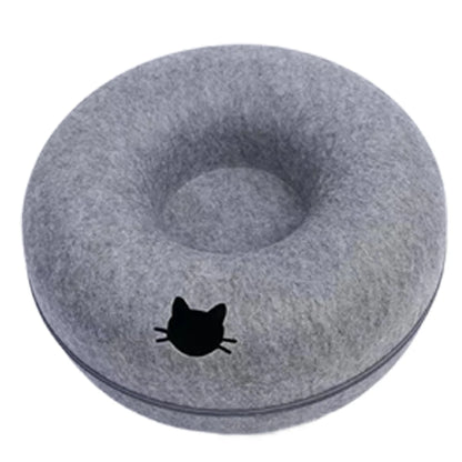2-in-1 Felt Donut Cat Bed & Interactive Tunnel House with Breathable Hideout for Cats and Small Pets
