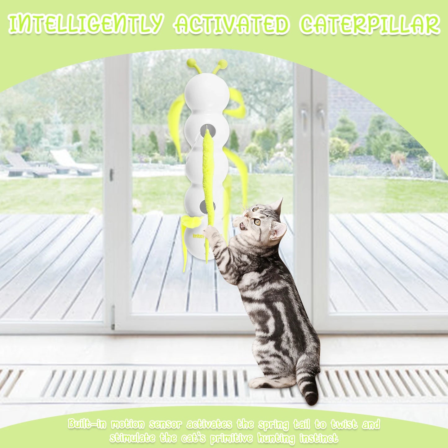 Smart Caterpillars Toy Rechargeable Motion Activated Interactive Cat Toy with Suction Cup Wall and Window Mounted for Pet