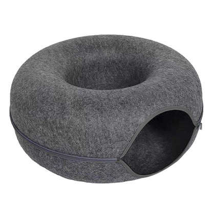2-in-1 Felt Donut Cat Bed & Interactive Tunnel House with Breathable Hideout for Cats and Small Pets
