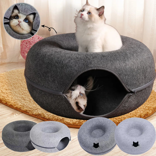 2-in-1 Felt Donut Cat Bed & Interactive Tunnel House with Breathable Hideout for Cats and Small Pets