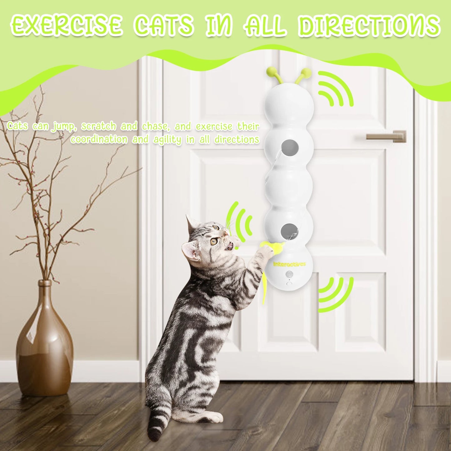 Smart Caterpillars Toy Rechargeable Motion Activated Interactive Cat Toy with Suction Cup Wall and Window Mounted for Pet
