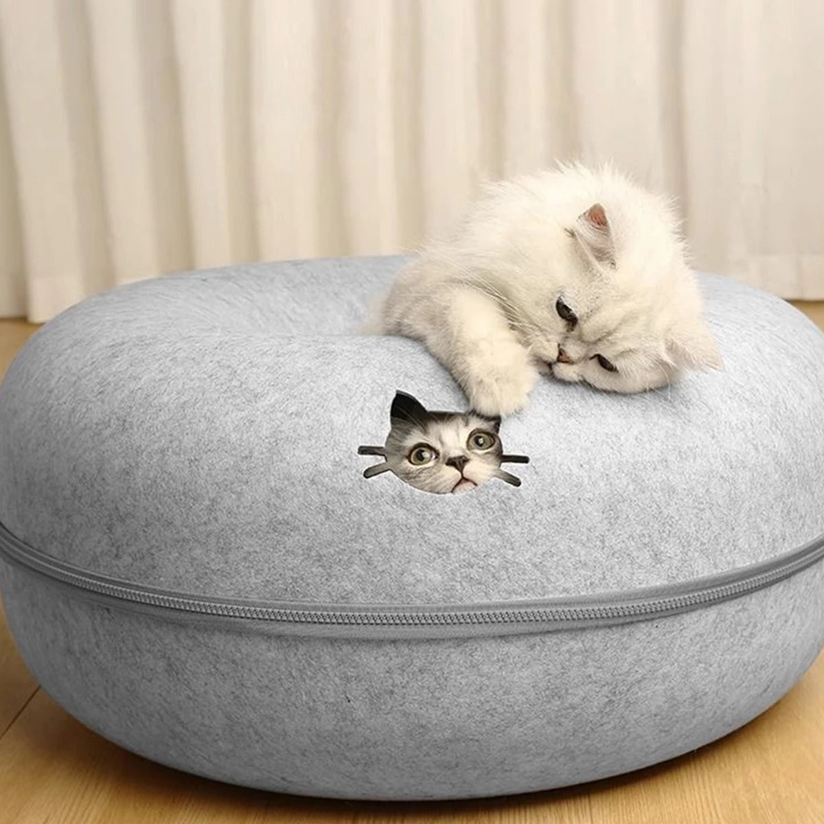 2-in-1 Felt Donut Cat Bed & Interactive Tunnel House with Breathable Hideout for Cats and Small Pets