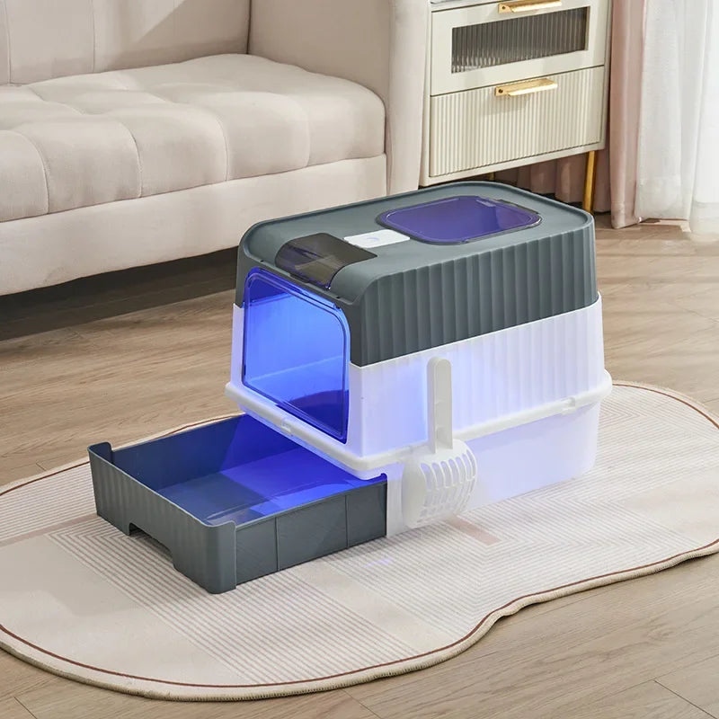 Large Fully Enclosed Cat Toilet Odor Elimination Splash Proof Litter Tray Ultraviolet Sterilization Drawer Type Cat Litter Box